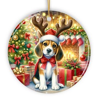 Cozy Fireplace Beagle Ornament, Snuggly Canine Christmas Gift and Decor, Circle