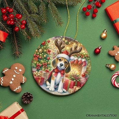 Cozy Fireplace Beagle Ornament, Snuggly Canine Christmas Gift and Decor, Circle
