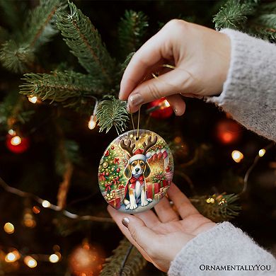 Cozy Fireplace Beagle Ornament, Snuggly Canine Christmas Gift and Decor, Circle