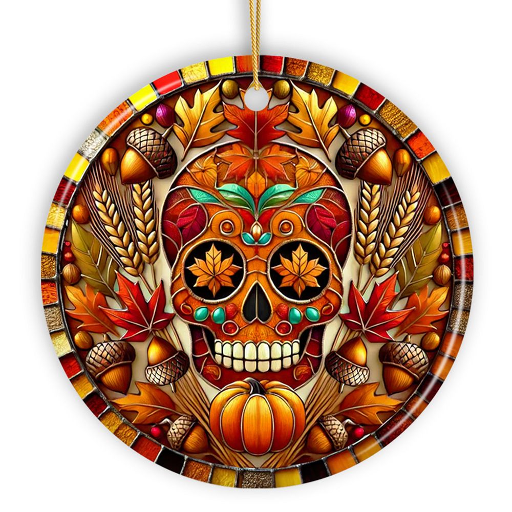 Autumn Harvest Sugar Skull Ornament, Vibrant Fall Foliage Christmas ...