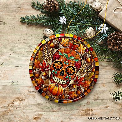 Autumn Harvest Sugar Skull Ornament, Vibrant Fall Foliage Christmas Gift and Decor
