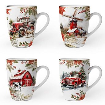 Fancy Farmhouse Holiday Set of 4 Ceramic Mugs with Real Gold Trim, Rustic Christmas Kitchen Coffee C