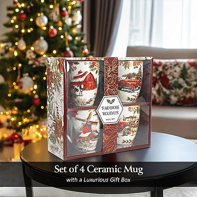 Fancy Farmhouse Holiday Set of 4 Ceramic Mugs with Real Gold Trim, Rustic Christmas Kitchen Coffee C