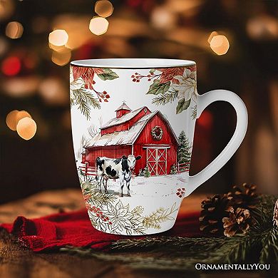 Fancy Farmhouse Holiday Set of 4 Ceramic Mugs with Real Gold Trim, Rustic Christmas Kitchen Coffee C