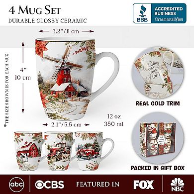 Fancy Farmhouse Holiday Set of 4 Ceramic Mugs with Real Gold Trim, Rustic Christmas Kitchen Coffee C