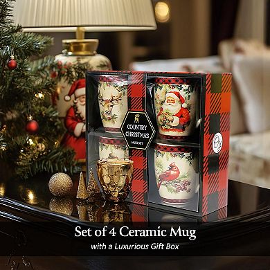 Festive Country Plaid Set of 4 Ceramic Mugs with Real Gold Trim, Christmas Kitchen Coffee Cup Gift w