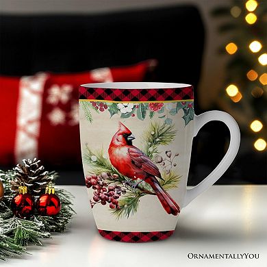Festive Country Plaid Set of 4 Ceramic Mugs with Real Gold Trim, Christmas Kitchen Coffee Cup Gift w