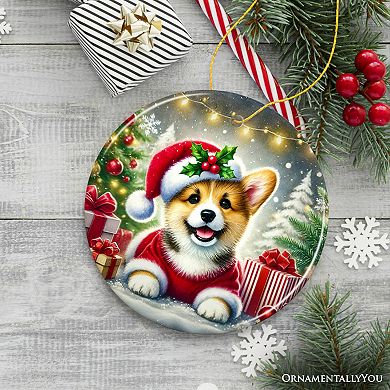 Adorable Welsh Corgi with Santa Hat Ornament, Jolly Christmas for Heartfelt Gift, Circle Version
