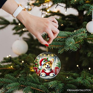 Adorable Welsh Corgi with Santa Hat Ornament, Jolly Christmas for Heartfelt Gift, Circle Version