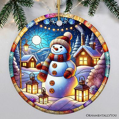 Enchanting Snowman with Cozy Lantern in Winter Village Ceramic Ornament for Decor, Version 2