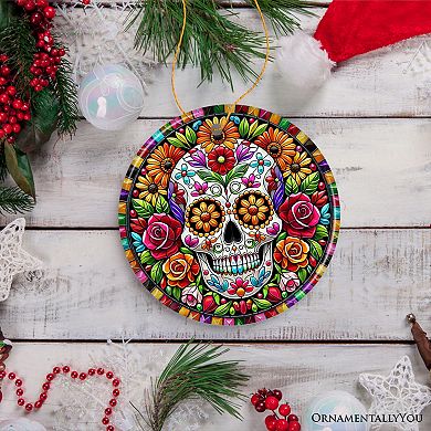 Floral Celebration Sugar Skull Stained Glass Style Ornament, Lush Blossom Christmas Gift and Decor