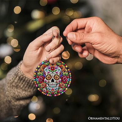 Floral Celebration Sugar Skull Stained Glass Style Ornament, Lush Blossom Christmas Gift and Decor
