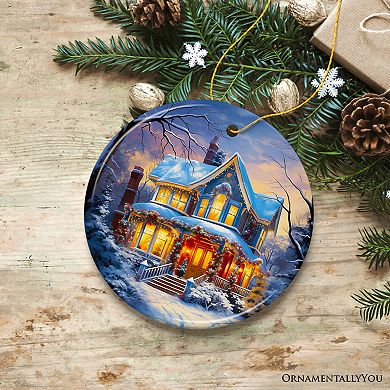 Glowing Winter Night Painting Ceramic Ornament, Warm and Inviting Christmas Tree Decor, Circle
