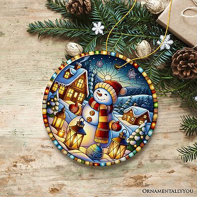 Enchanting Snowman with Cozy Lantern in Winter Village Ceramic Ornament for Decor, Version 1