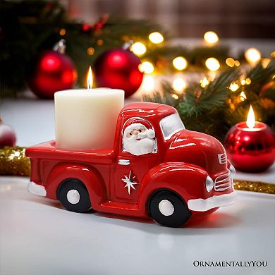 Red Truck with Santa Christmas Candle, Ceramic and Scented with an Invigorating Lemon Basil Scent