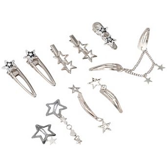 10 pc Stars Hair Clips, Silver Hair Clips, 8 Shapes Hair Accessories