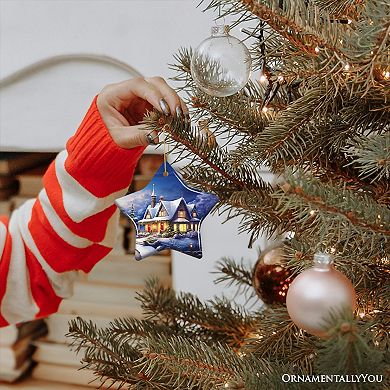 Glowing Winter Night Painting Ceramic Ornament, Warm and Inviting Christmas Tree Decor, Star