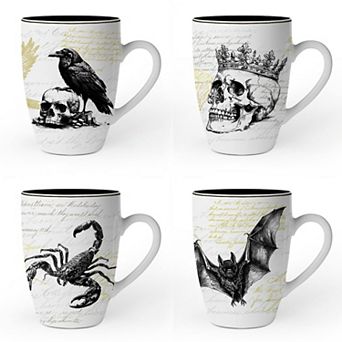 Elegant Goth Set of 4 Ceramic Mugs with Real Gold Trim, Black and White Spooky Halloween Coffee Cup
