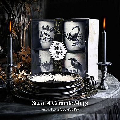 Elegant Goth Set of 4 Ceramic Mugs with Real Gold Trim, Black and White Spooky Halloween Coffee Cup