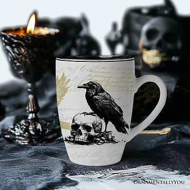 Elegant Goth Set of 4 Ceramic Mugs with Real Gold Trim, Black and White Spooky Halloween Coffee Cup