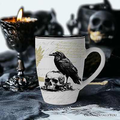 Elegant Goth Set of 4 Ceramic Mugs with Real Gold Trim, Black and White  Spooky Halloween Coffee Cup