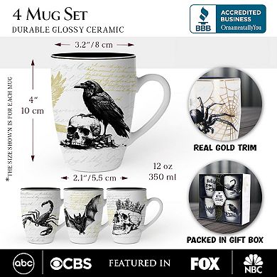 Elegant Goth Set of 4 Ceramic Mugs with Real Gold Trim, Black and White Spooky Halloween Coffee Cup