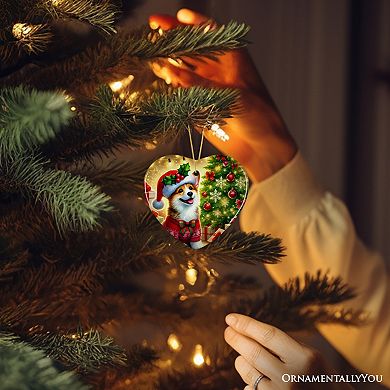 Adorable Welsh Corgi with Santa Hat Ornament, Jolly Christmas for Heartfelt Gift, Heart Version
