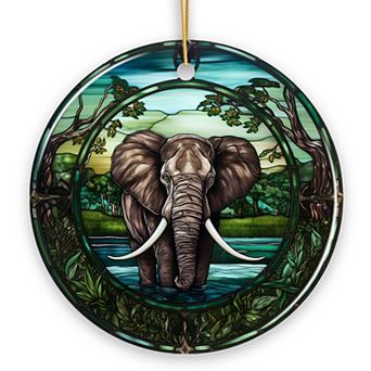 African Pachyderm Elephant Stained Glass Style Ceramic Ornament, Safari Animals Christmas Gift