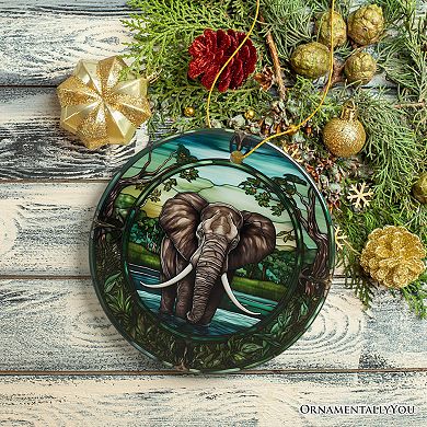 African Pachyderm Elephant Stained Glass Style Ceramic Ornament, Safari Animals Christmas Gift