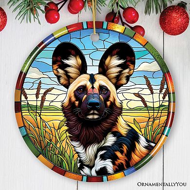 Savannah's Wild Dog Stained Glass Style Ceramic Ornament, Safari Animals Christmas Gift and Decor