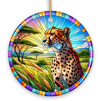 Speed Kings African Cheetah Stained Glass Style Ceramic Ornament, Safari Animals Christmas Gift