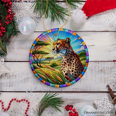 Speed Kings African Cheetah Stained Glass Style Ceramic Ornament, Safari Animals Christmas Gift
