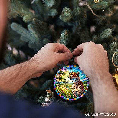 Speed Kings African Cheetah Stained Glass Style Ceramic Ornament, Safari Animals Christmas Gift