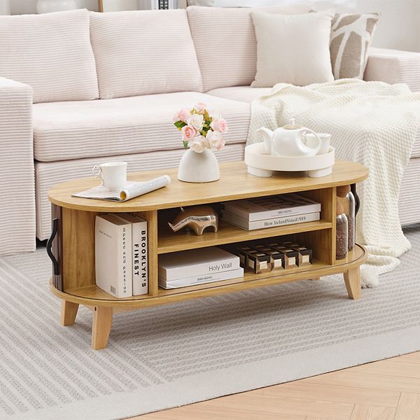 Solid Wood Coffee Table with Large Storage Space, Sliding Door - Polished Natural