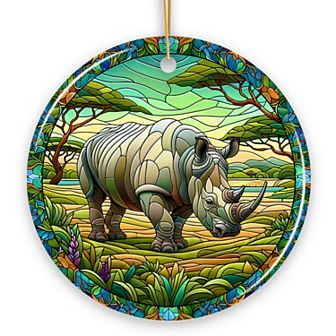 Rhinoceros Realm Expedition Stained Glass Style Ceramic Ornament, African Animals Christmas Gift