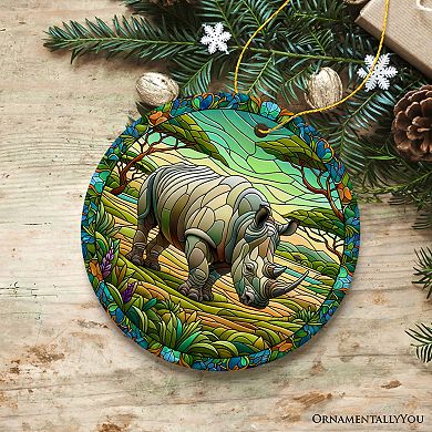 Rhinoceros Realm Expedition Stained Glass Style Ceramic Ornament, African Animals Christmas Gift