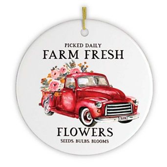 Artistic Red Truck and Farm Flowers Christmas Ornament