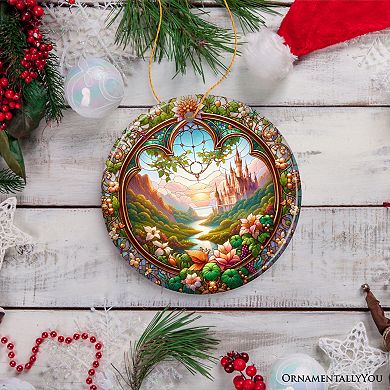 Castle Art with Lush Forest Stained Glass Style Ceramic Ornament, Christmas Gift and Decor