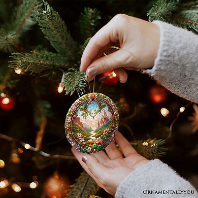 Castle Art with Lush Forest Stained Glass Style Ceramic Ornament, Christmas Gift and Decor