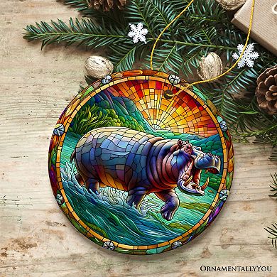 Mighty Hippopotamus Stained Glass Style Ceramic Ornament, African Animals Christmas Gift and Decor