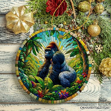 A Primate Safari Gorilla Stained Glass Style Ceramic Ornament, African Animals Christmas Gift