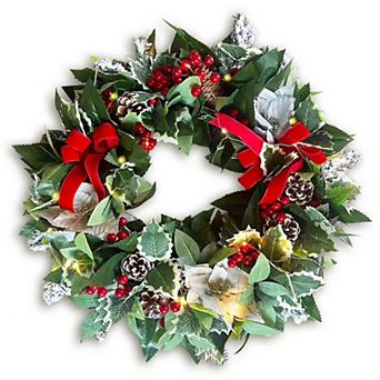 Regal Holiday Glam 24" Christmas Wreath, Prelit with Frosty Branches, Snowy Pinecones and Red Bows