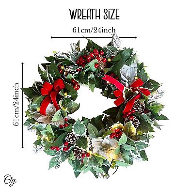 Regal Holiday Glam 24" Christmas Wreath, Prelit with Frosty Branches, Snowy Pinecones and Red Bows