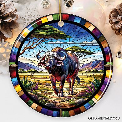 African Buffalo Wildlife Encounter Stained Glass Style Ceramic Ornament, Safari Christmas Gift