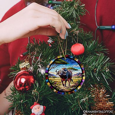 African Buffalo Wildlife Encounter Stained Glass Style Ceramic Ornament, Safari Christmas Gift