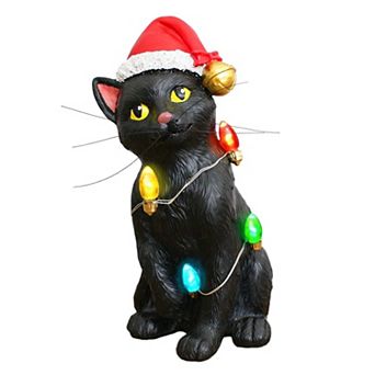 Festive Black Cat with LED Lights Figurine, 7" Cute Home Decor Statue