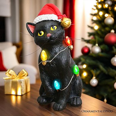 Festive Black Cat with LED Lights Figurine, 7" Cute Home Decor Statue