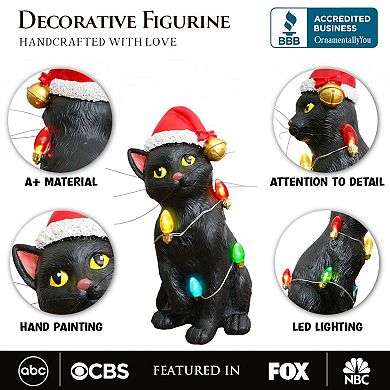 Festive Black Cat with LED Lights Figurine, 7" Cute Home Decor Statue