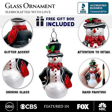 Dapper Gentleman Snowman Glass Christmas Ornament, Refined Handblown Holiday Tree Decor