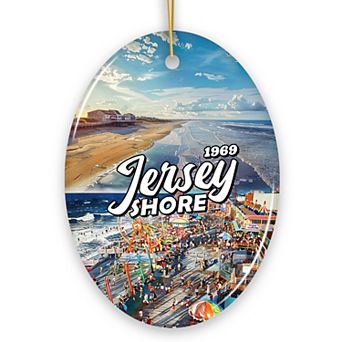 Vibrant Jersey Shore Ceramic Ornament, New Jersey in Atlantic Ocean Christmas Souvenir, Oval
